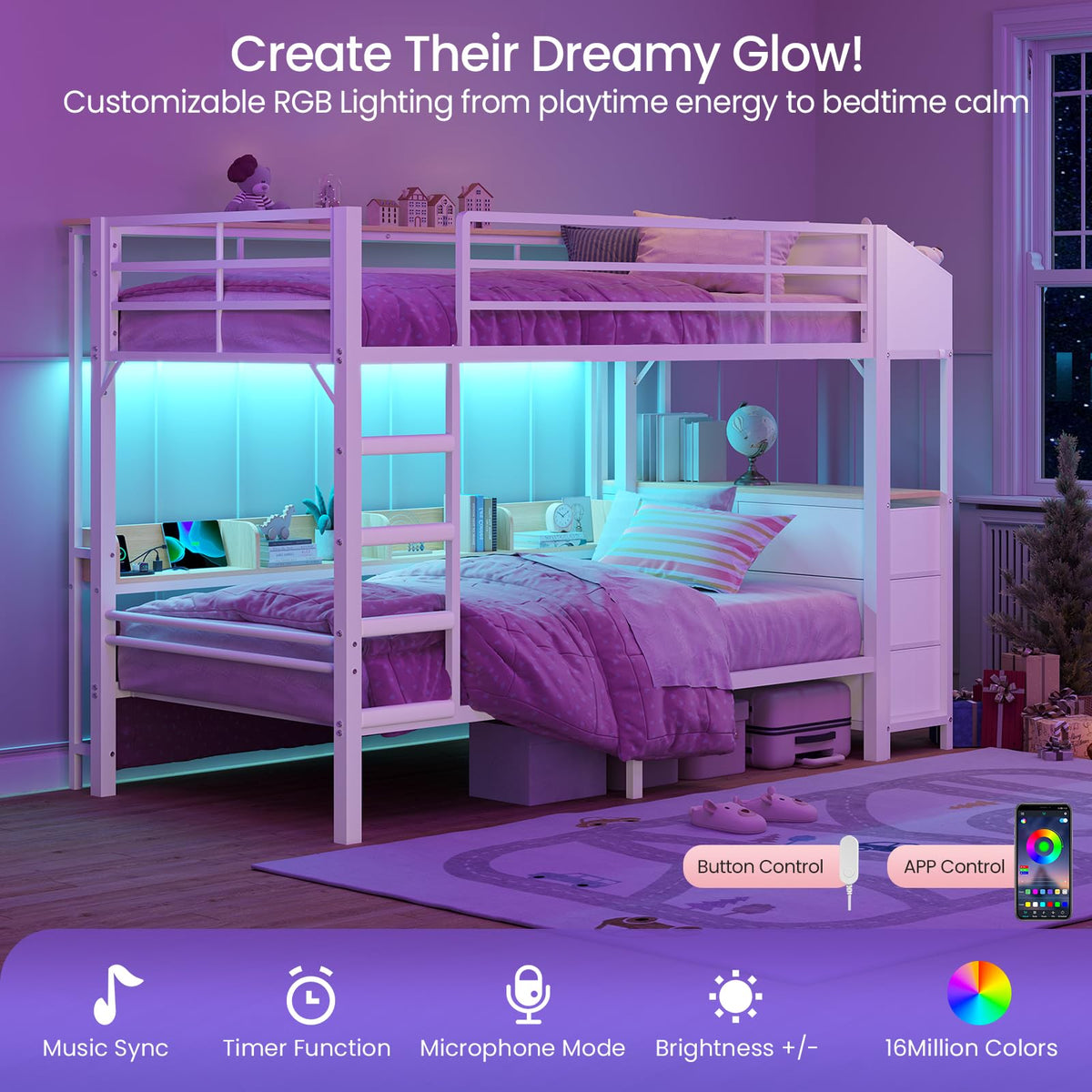 Twin Over Twin Bunk Bed with 6 Storage Drawers, Shelves, LED Lights and Ladder F7196