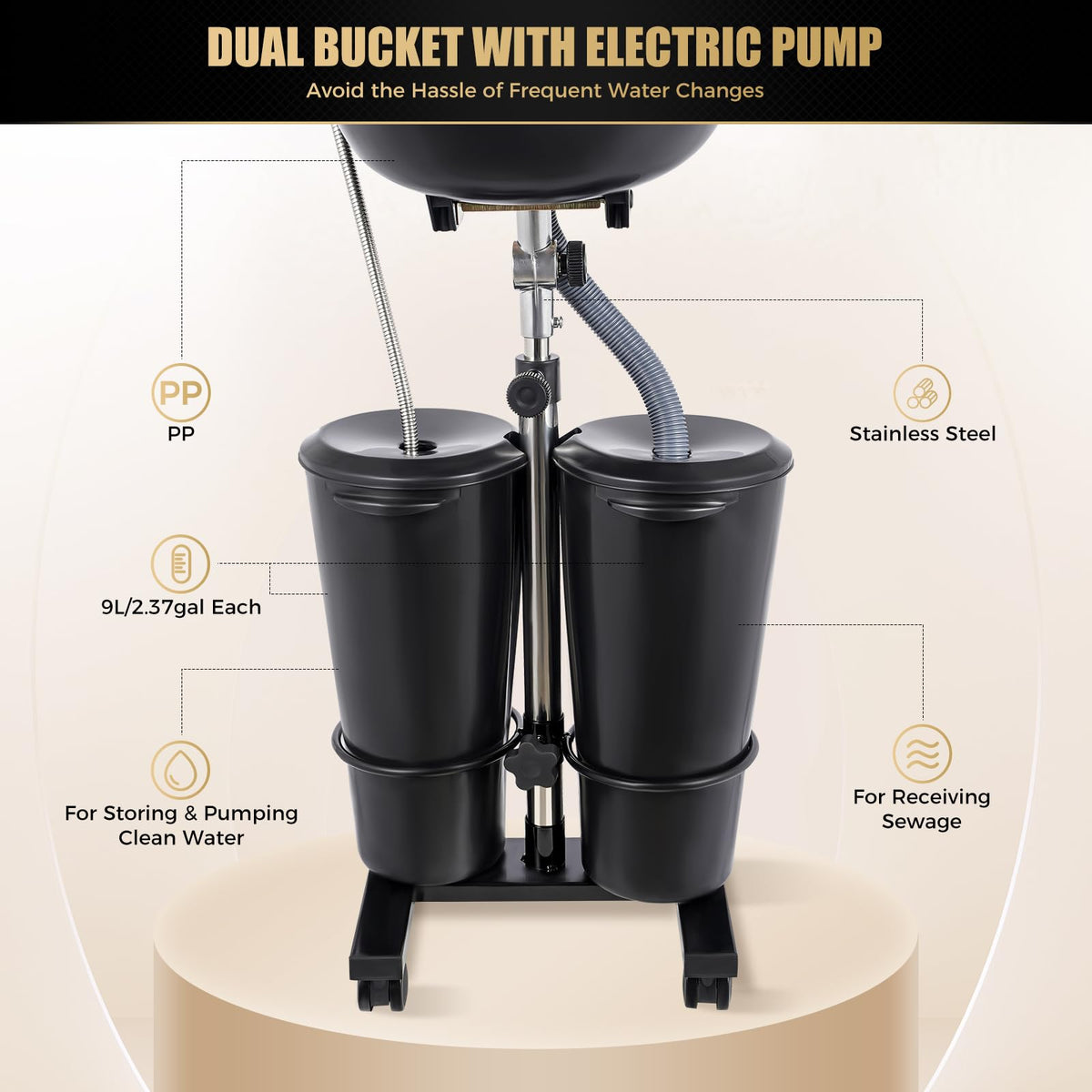 Portable Shampoo Basin with 2 Buckets, Height Adjustable Q699821