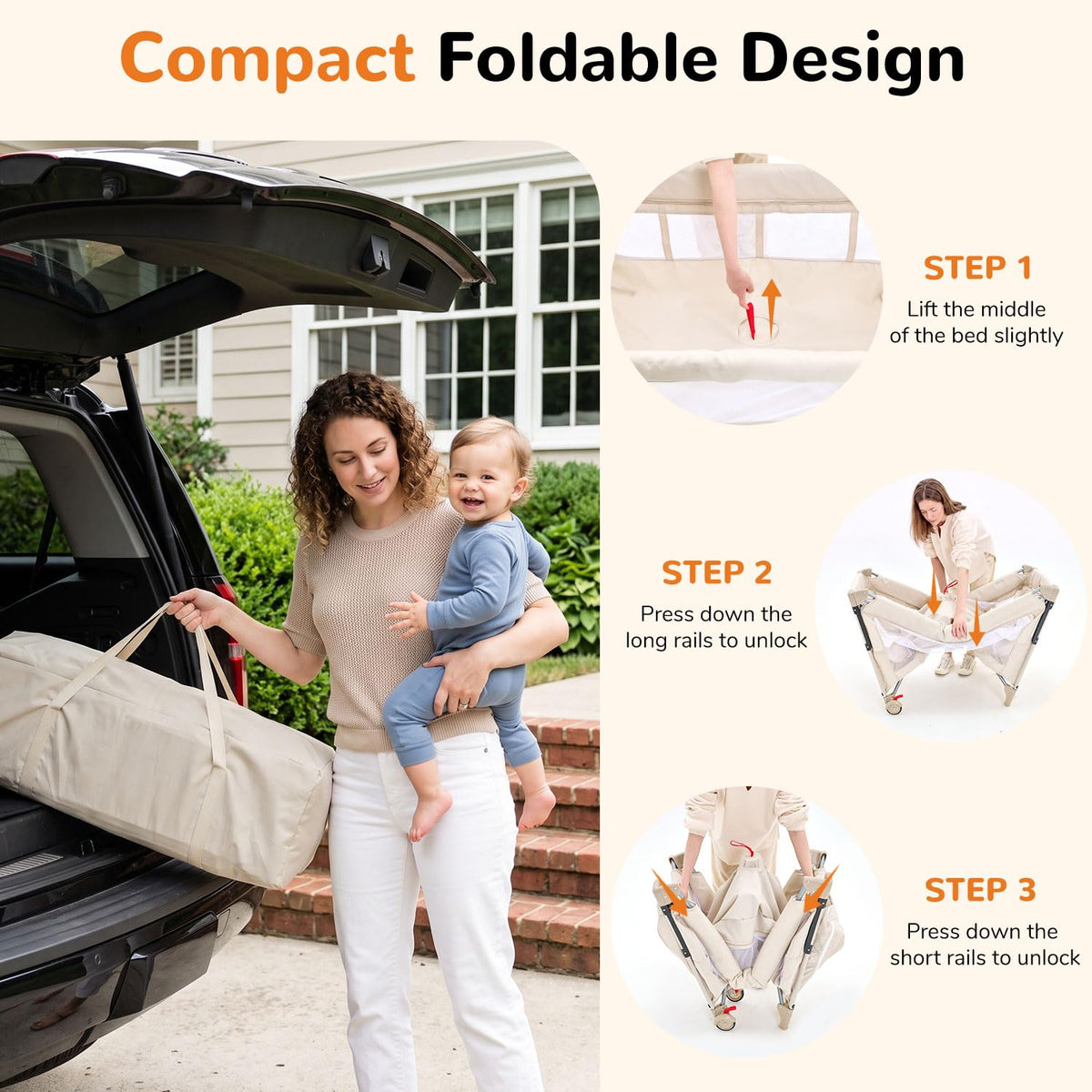 4 in 1 Foldable Pack and Play with Bassinet and Changing Table, Beige E486282