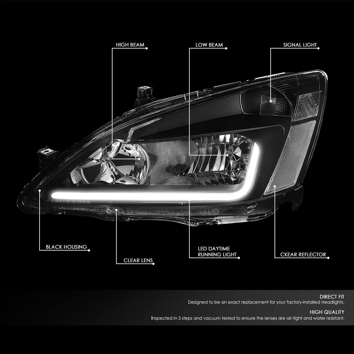 Black Headlight Assembly with LED Day Running Light E2133