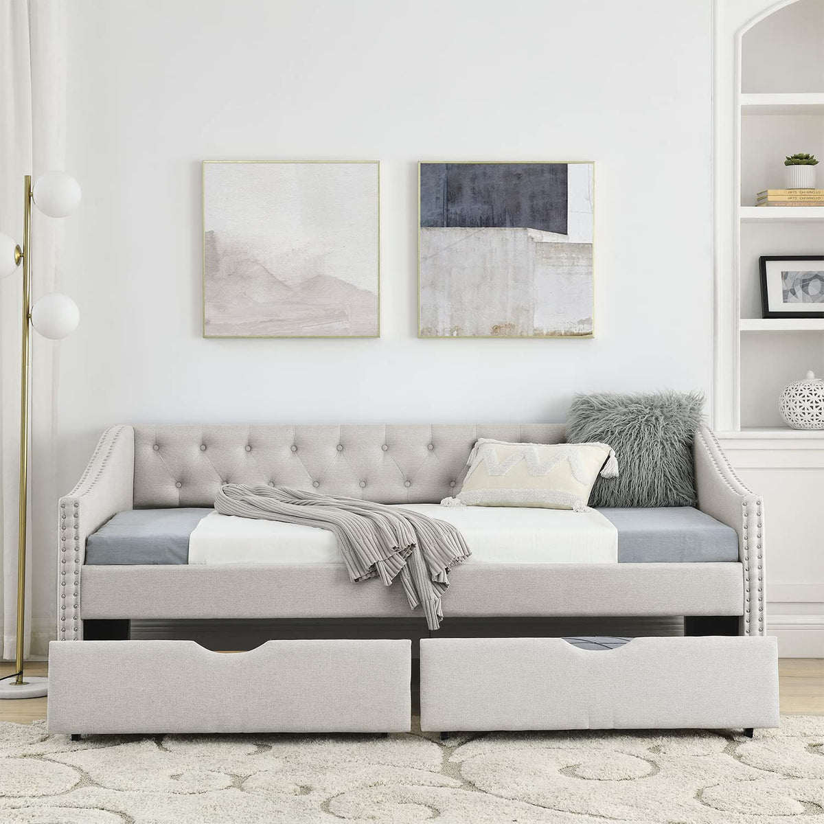 Beige Twin Size Upholstered Daybed with Drawers V6135