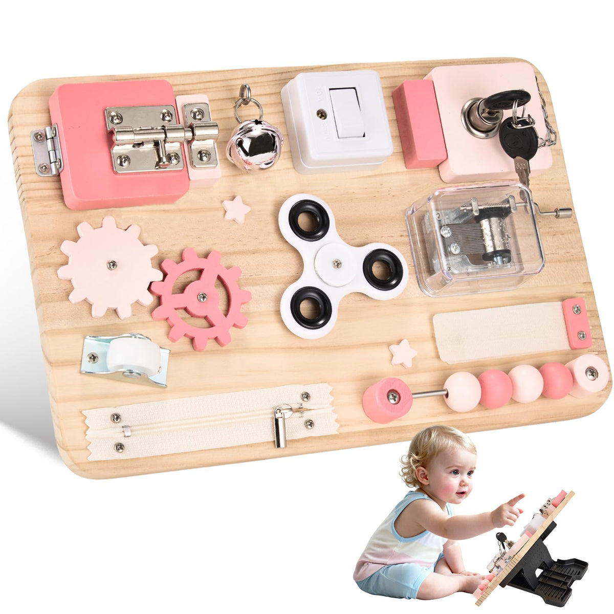 Pink Montessori Wooden Busy Board T471896
