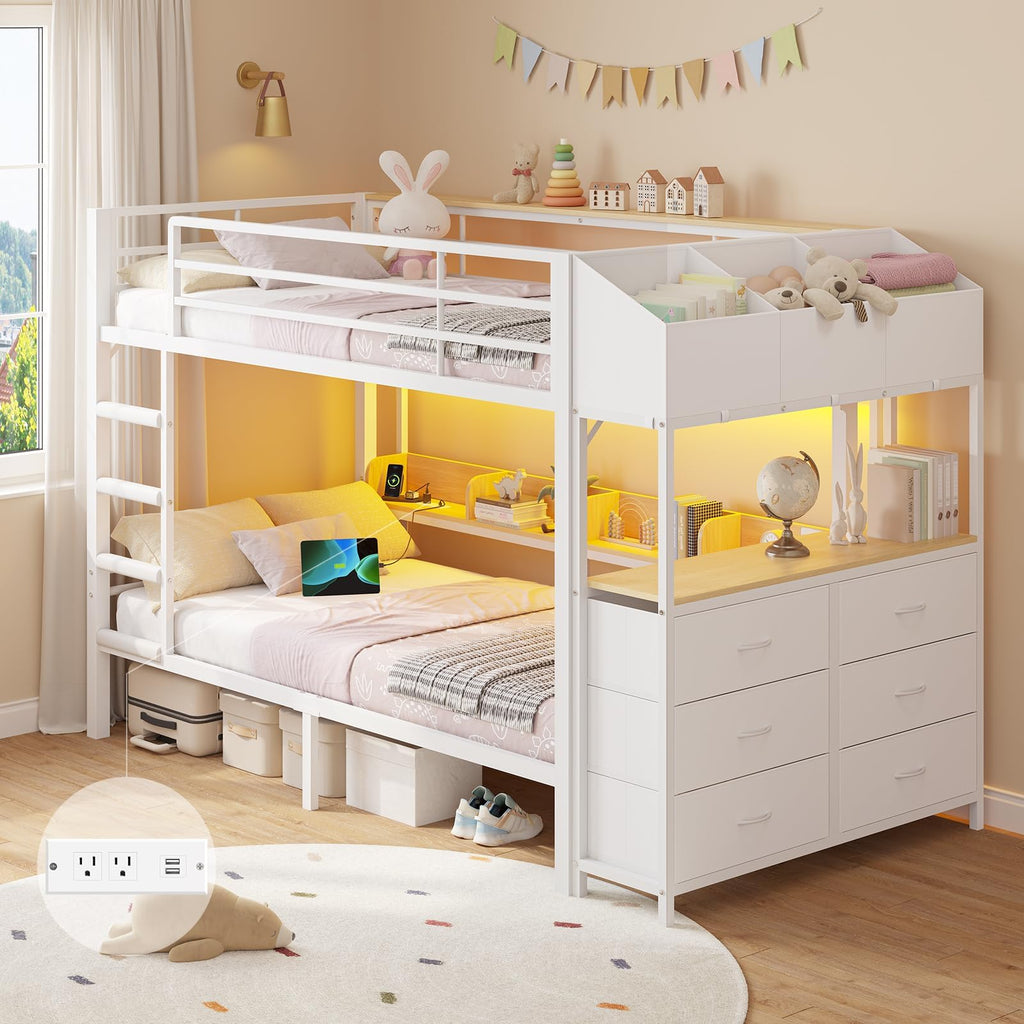 Twin Over Twin Bunk Bed with 6 Storage Drawers, Shelves, LED Lights and Ladder F7196