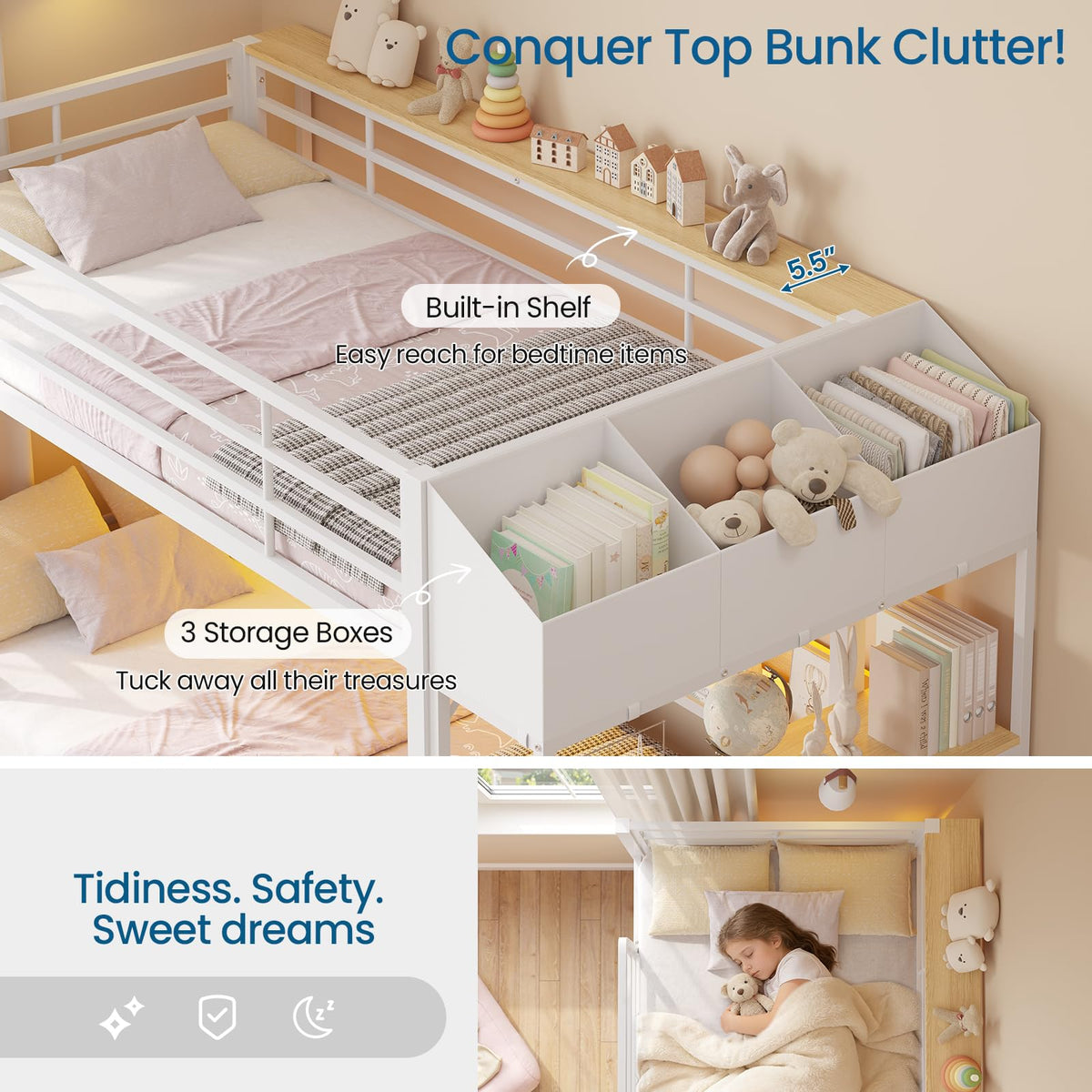 Twin Over Twin Bunk Bed with 6 Storage Drawers, Shelves, LED Lights and Ladder F7196