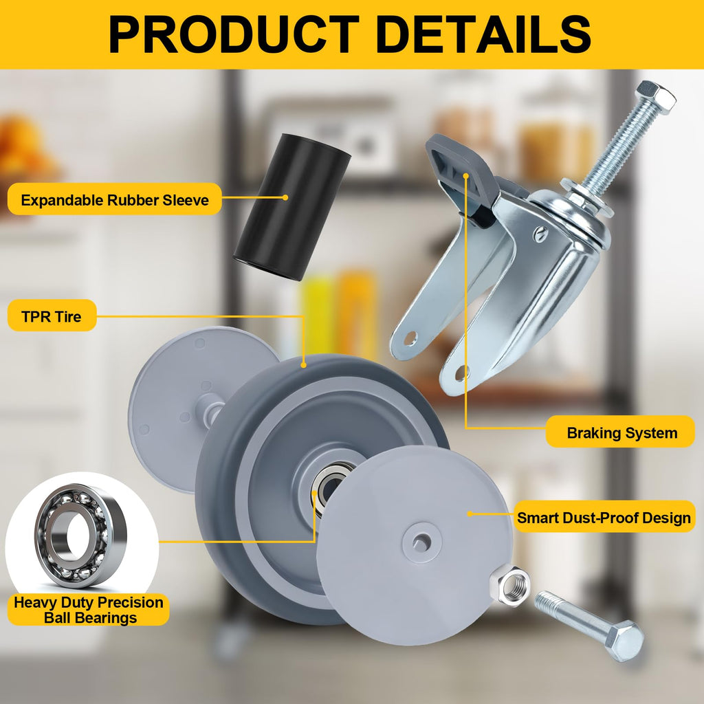 2 Inch Expanding Stem Caster Wheels with Locking Brake Set of 4 U3546