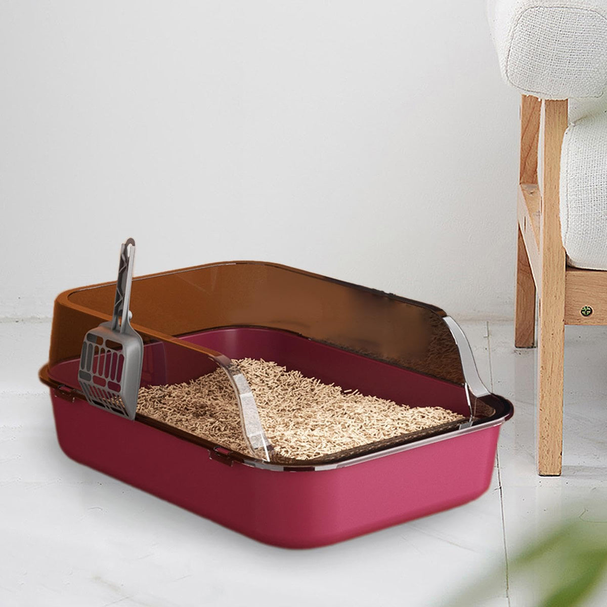 Open Top Sifting Litter Box High Sided Portable Semi Enclosed Pink G2645