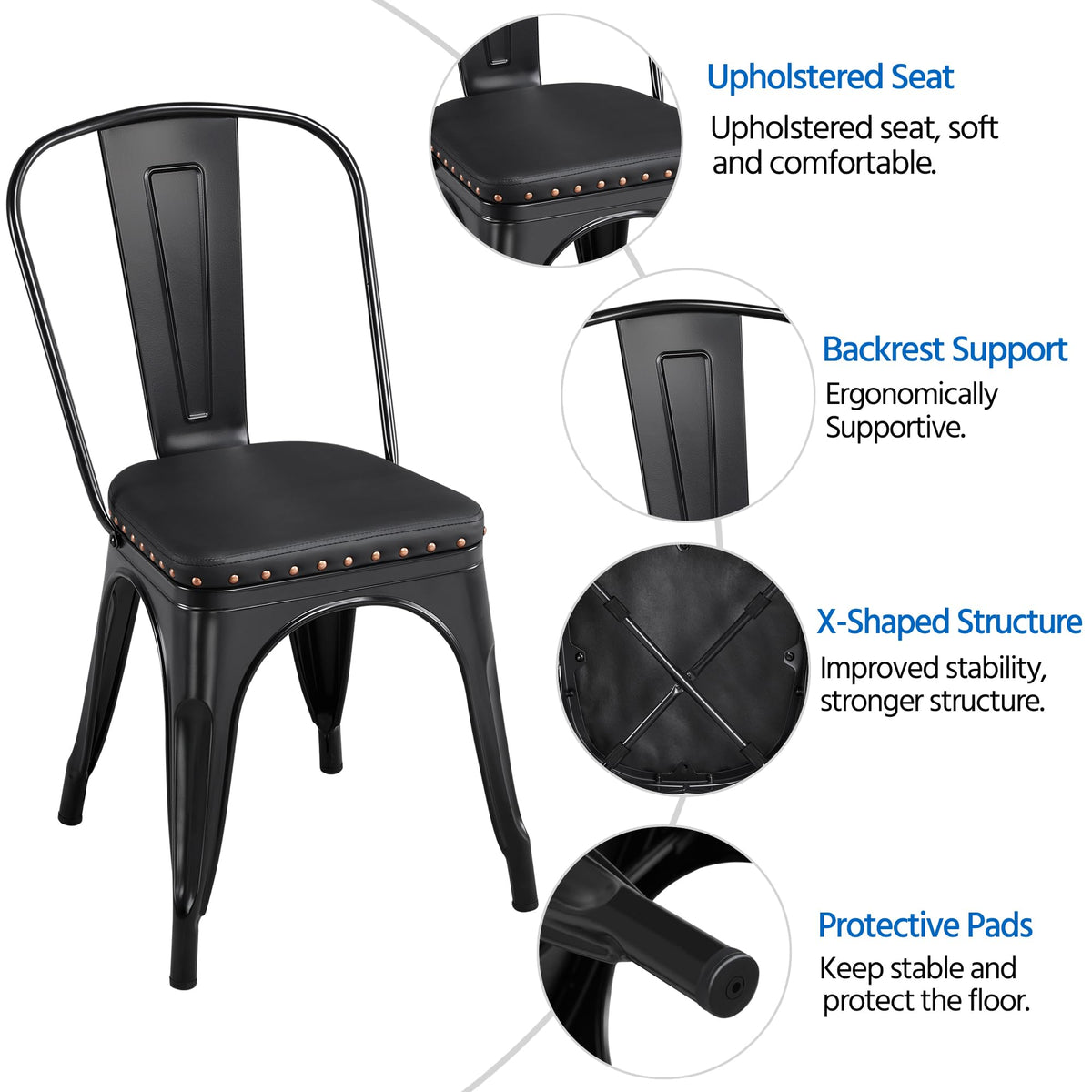 Black Cushioned Metal Dining Chairs Set of 4 S234