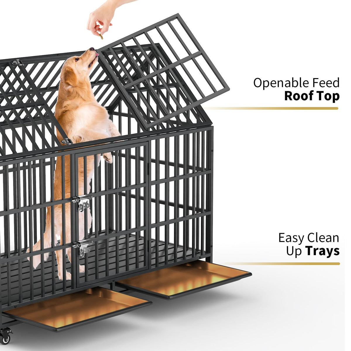 52 Inch Heavy Duty XXL Dog Crate with Open Roof Top, Trays and Wheels G698933