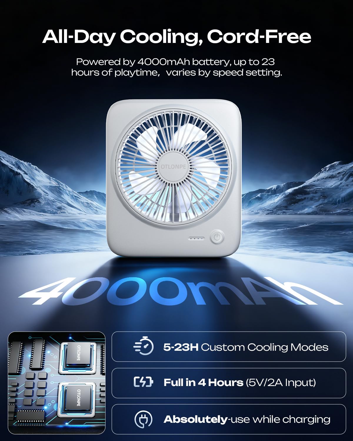 Portable Rechargeable Desk Fan 4000mAh 4-Speed 6.5 Inch White D33809