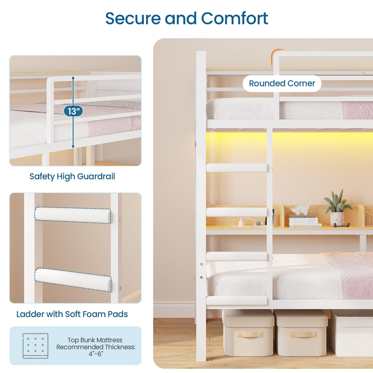 Twin Over Twin Bunk Bed with 6 Storage Drawers, Shelves, LED Lights and Ladder F7196