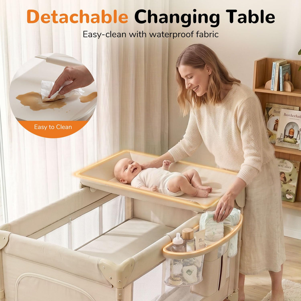 4 in 1 Foldable Pack and Play with Bassinet and Changing Table, Beige E486282