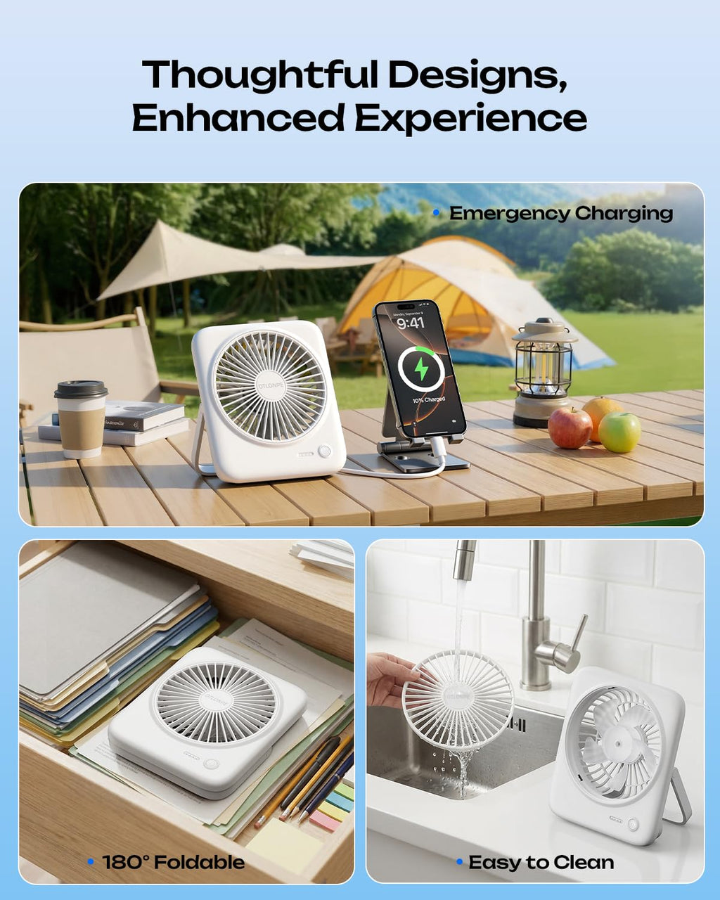 Portable Rechargeable Desk Fan 4000mAh 4-Speed 6.5 Inch White D33809