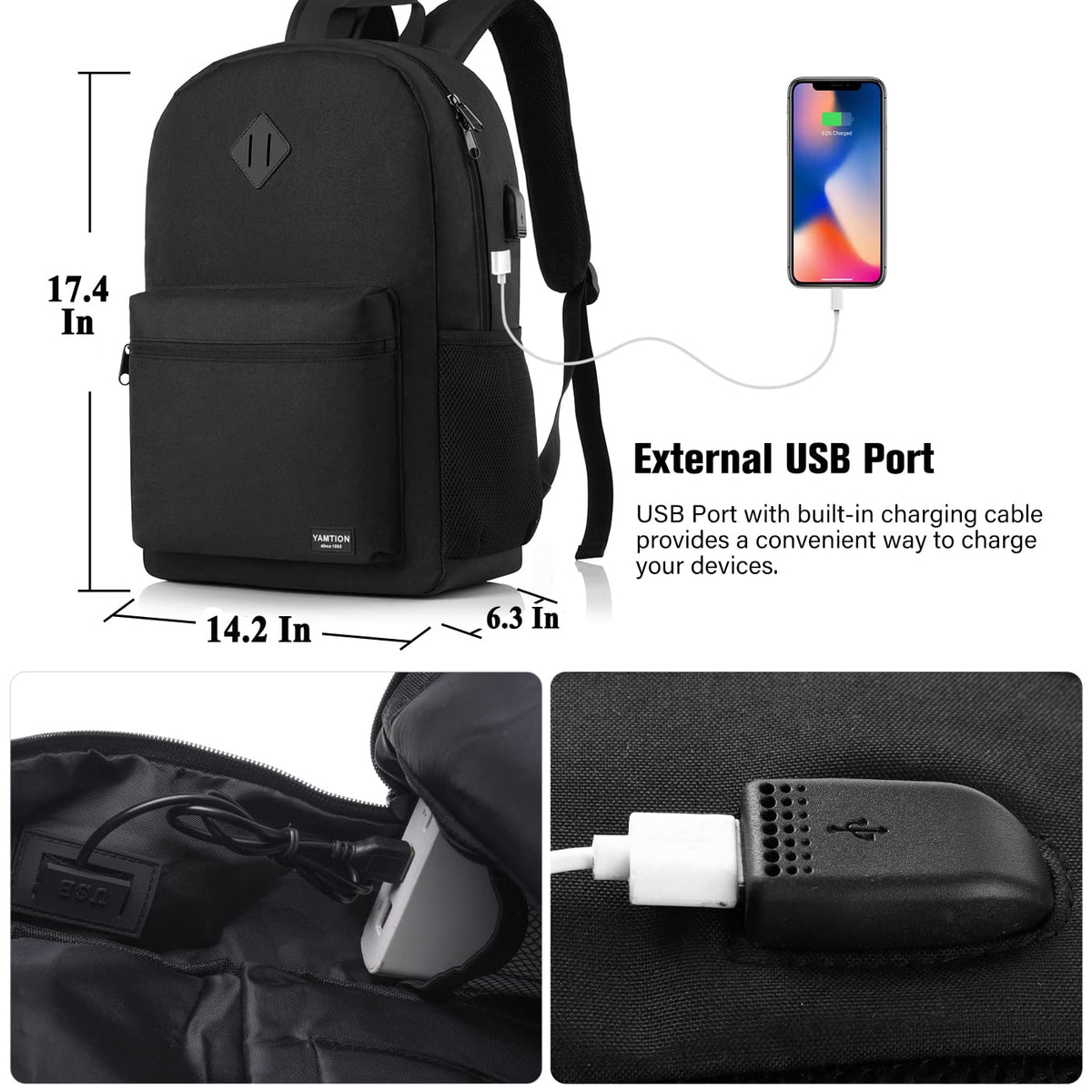 Black 15.6 Inch Laptop Backpack with USB Charger J419479