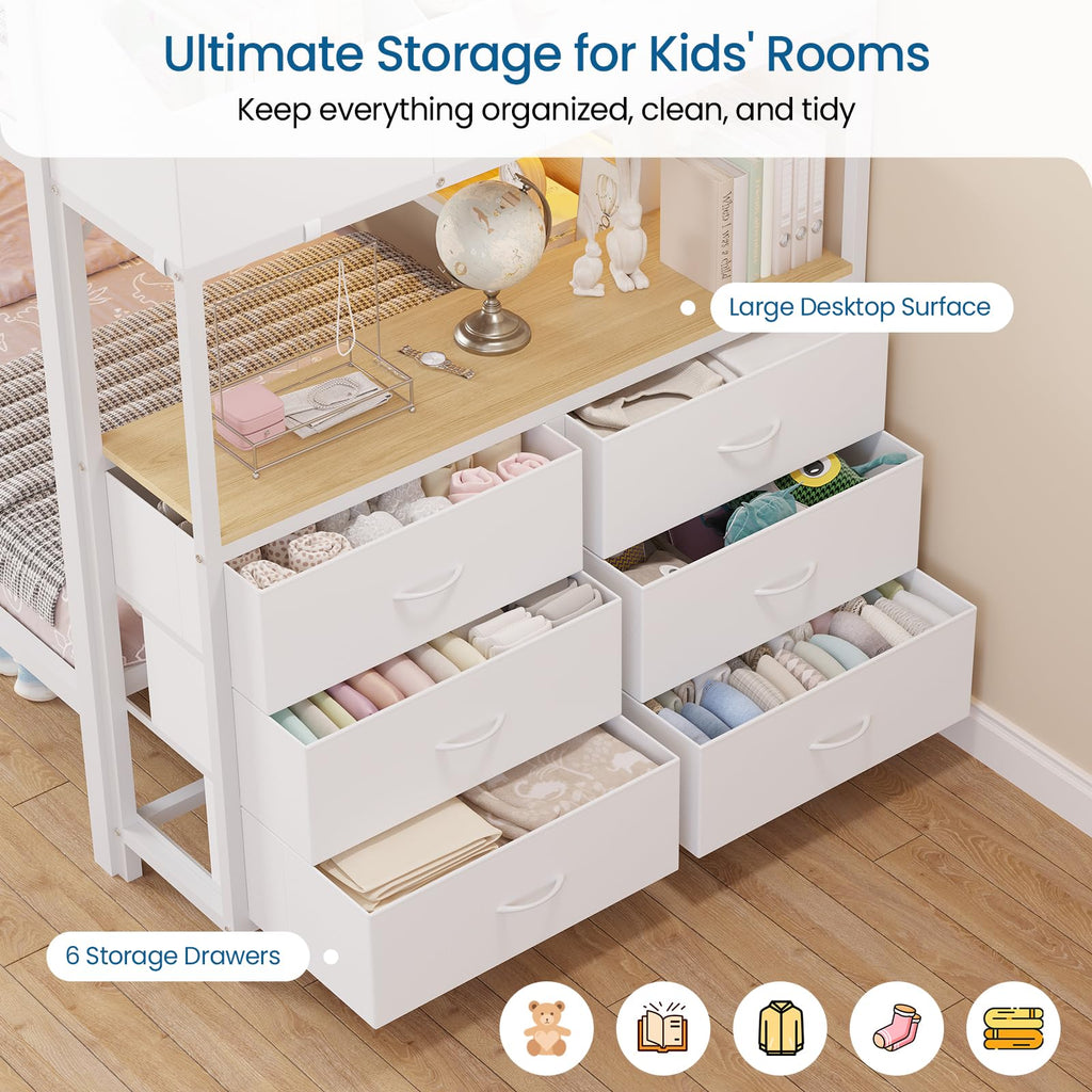 Twin Over Twin Bunk Bed with 6 Storage Drawers, Shelves, LED Lights and Ladder F7196