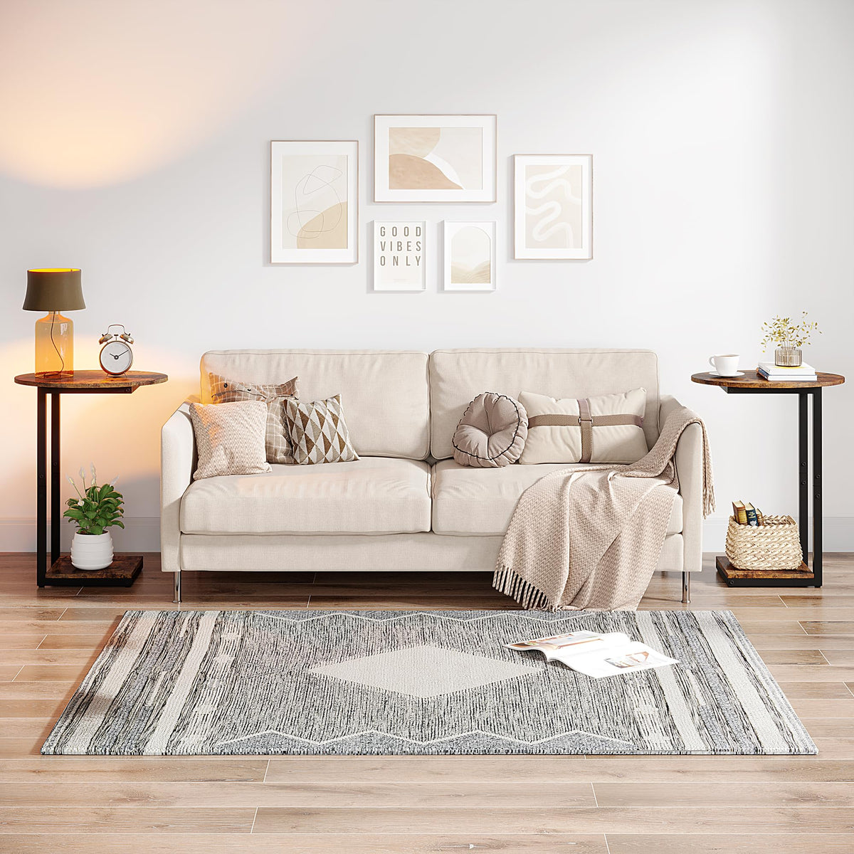 Small C-Shaped Wood Side Table Set of 2 with Metal Frame R702