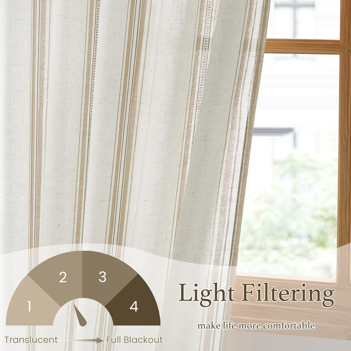Taupe & White Stripe Linen Curtains 52 x 84 Inch H964