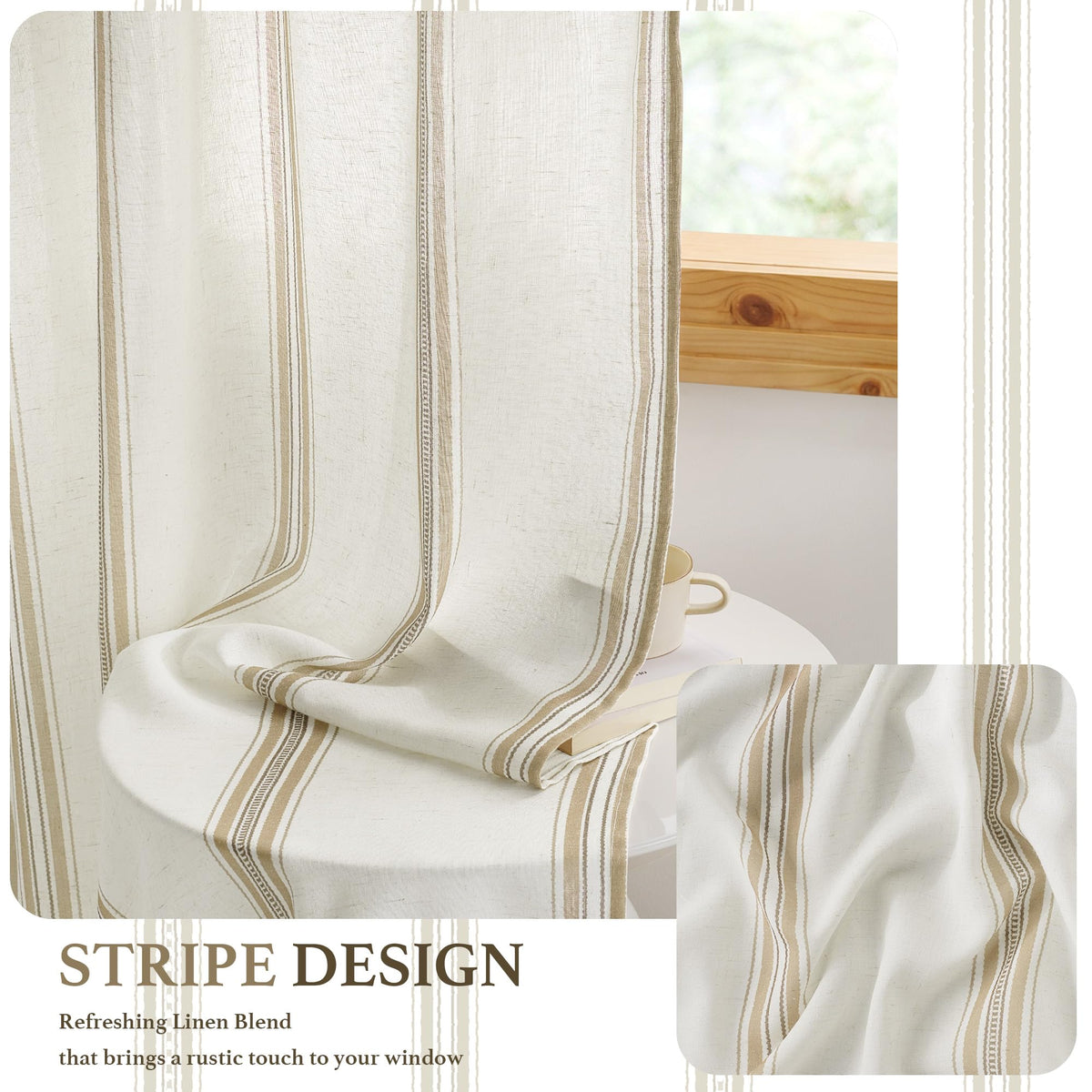 Taupe & White Stripe Linen Curtains 52 x 84 Inch H964