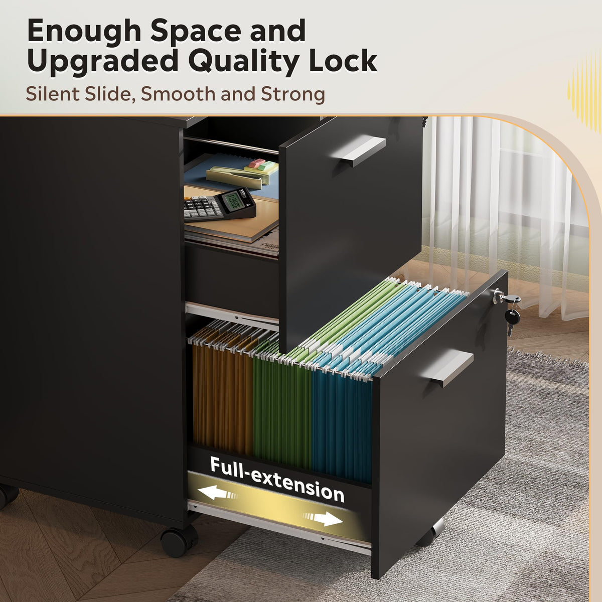 2 Drawer Wood File Cabinet with Lock, Black M573996
