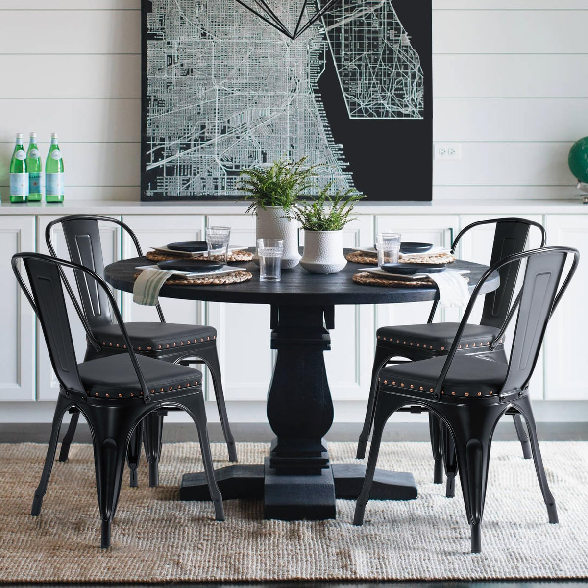 Black Cushioned Metal Dining Chairs Set of 4 S234