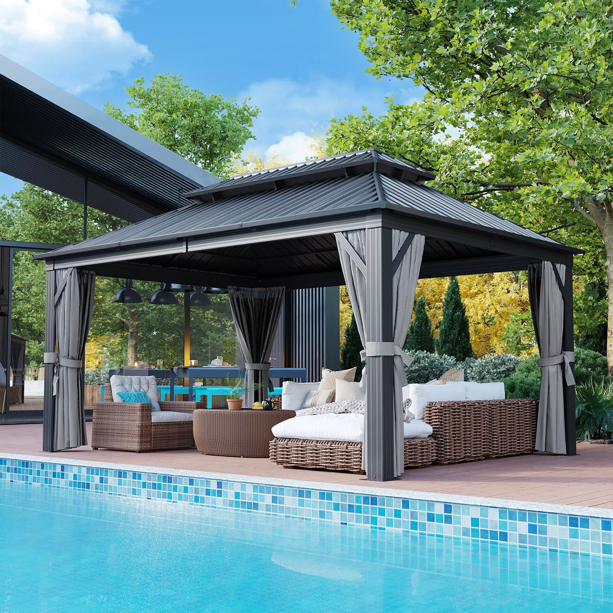 12FT X 16FT Hardtop Gazebo with Mosquito Netting and Curtains X64388