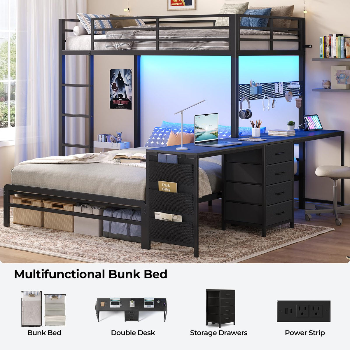 Black Twin Over Full Bunk Bed with Desk and Storage Drawers B713605