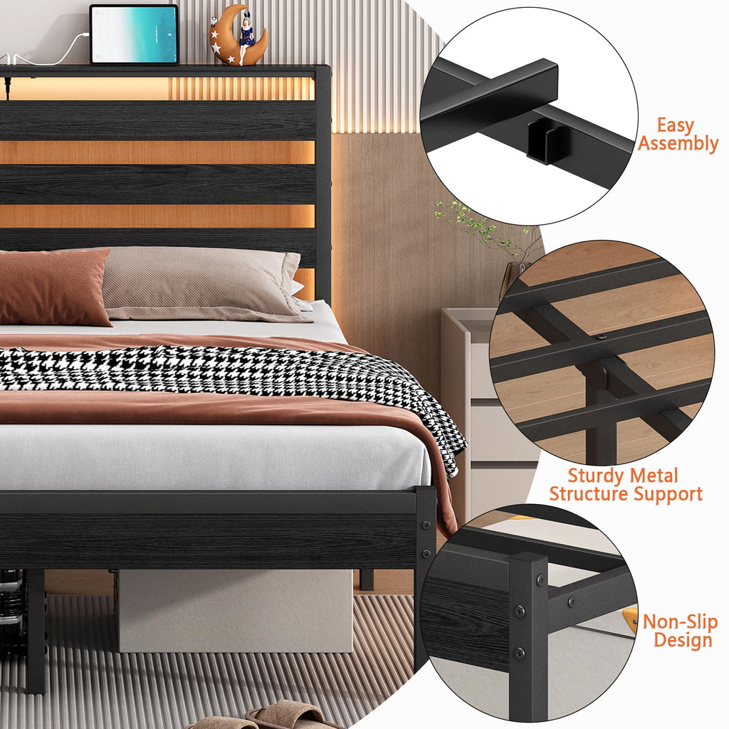 14 Inch Metal Platform Bed Frame with Headboard and USB Charging Station O184627