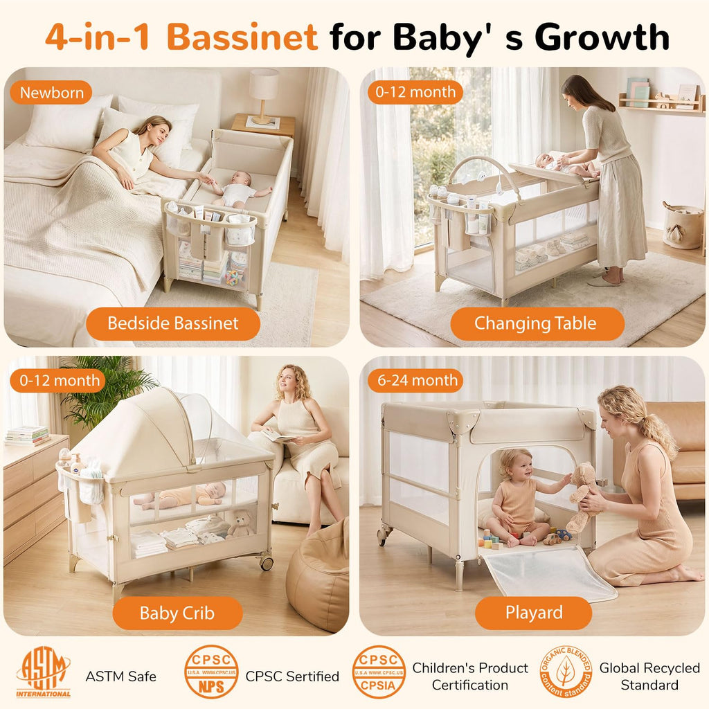 4 in 1 Foldable Pack and Play with Bassinet and Changing Table, Beige E486282