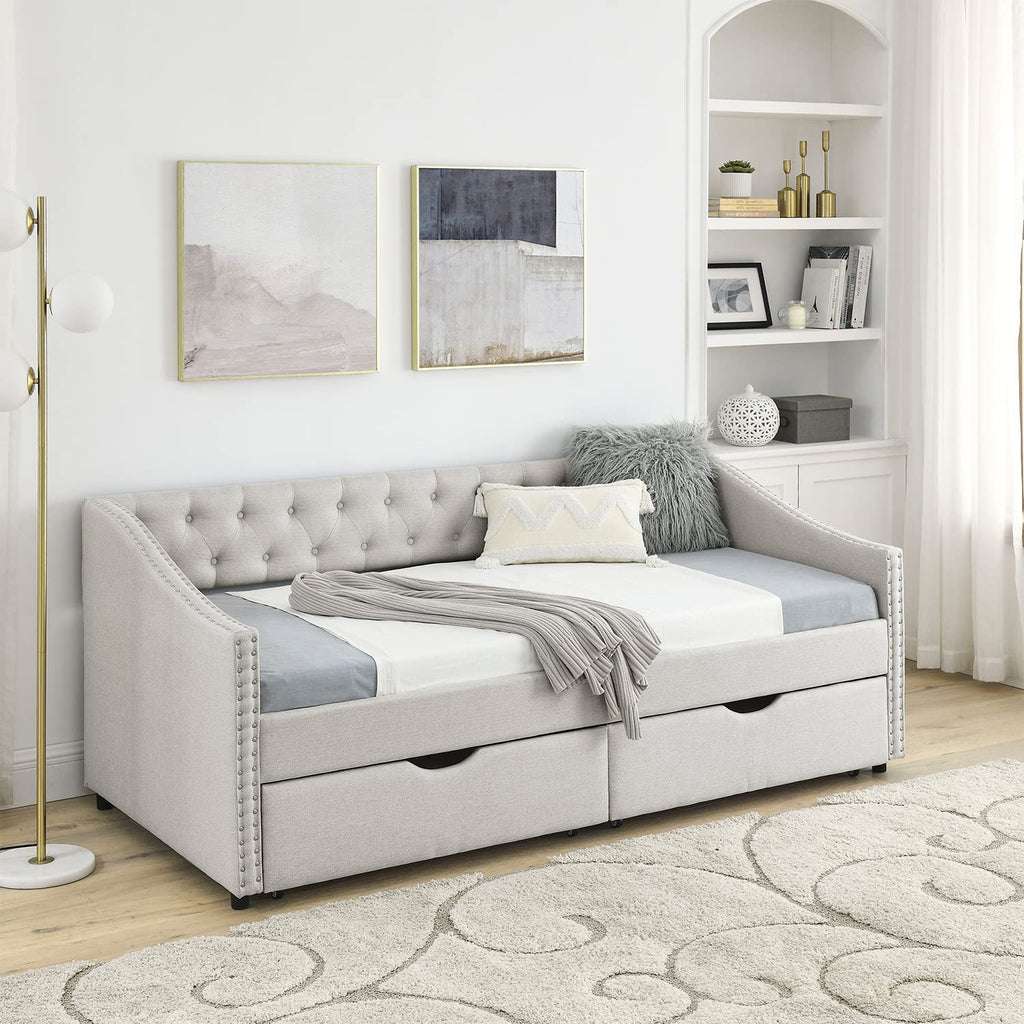 Beige Twin Size Upholstered Daybed with Drawers V6135