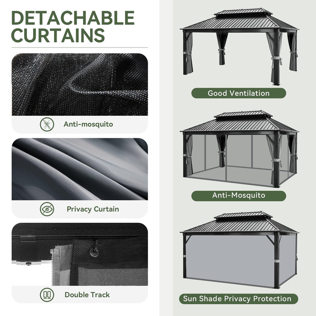 12FT X 16FT Hardtop Gazebo with Mosquito Netting and Curtains X64388