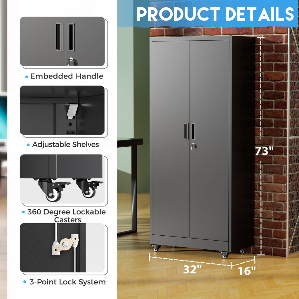 Black Metal Storage Cabinet with 4 Swivel Wheels A6440