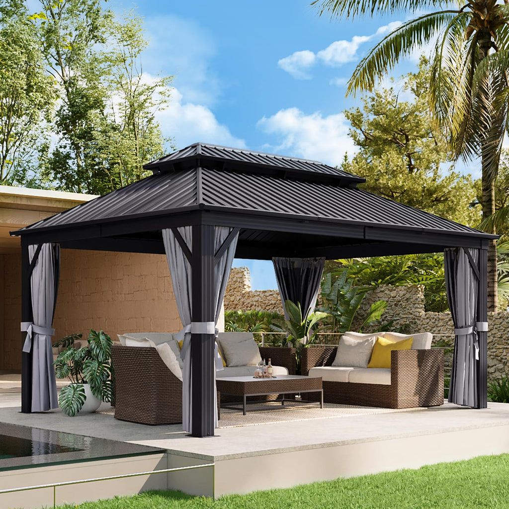 12FT X 16FT Hardtop Gazebo with Mosquito Netting and Curtains X64388