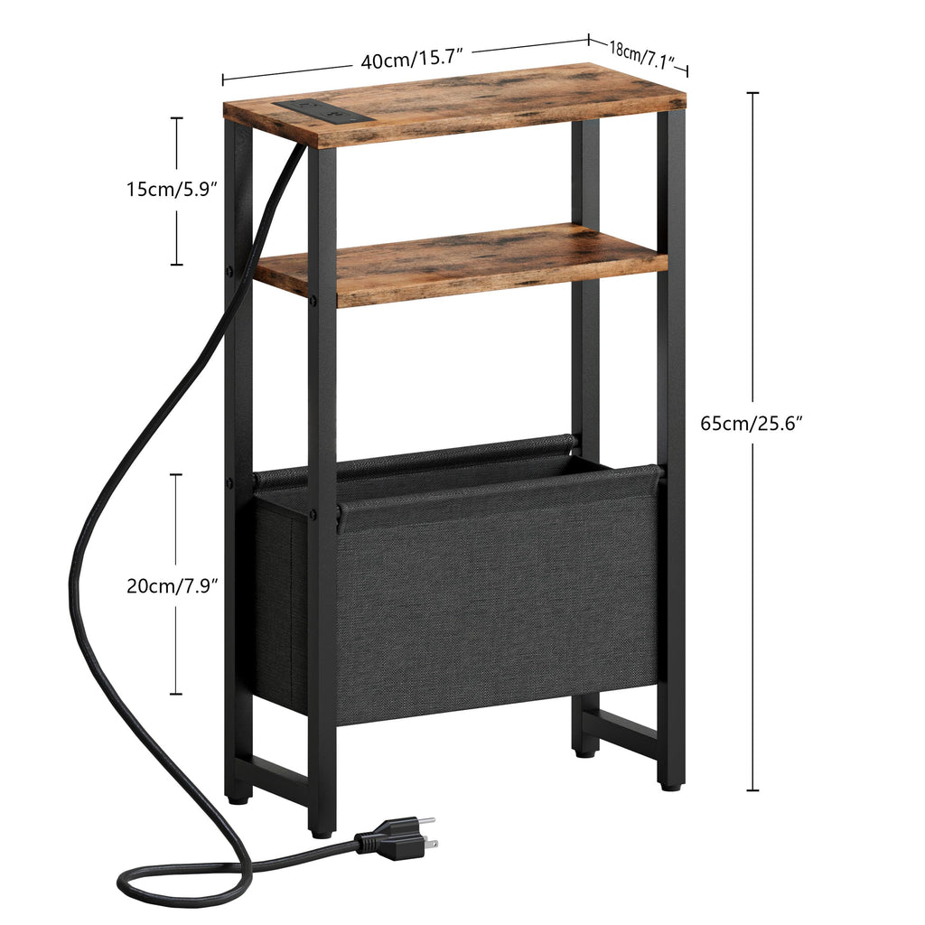 Narrow 3 Tier Side Table with Charging Station and Magazine Rack T950