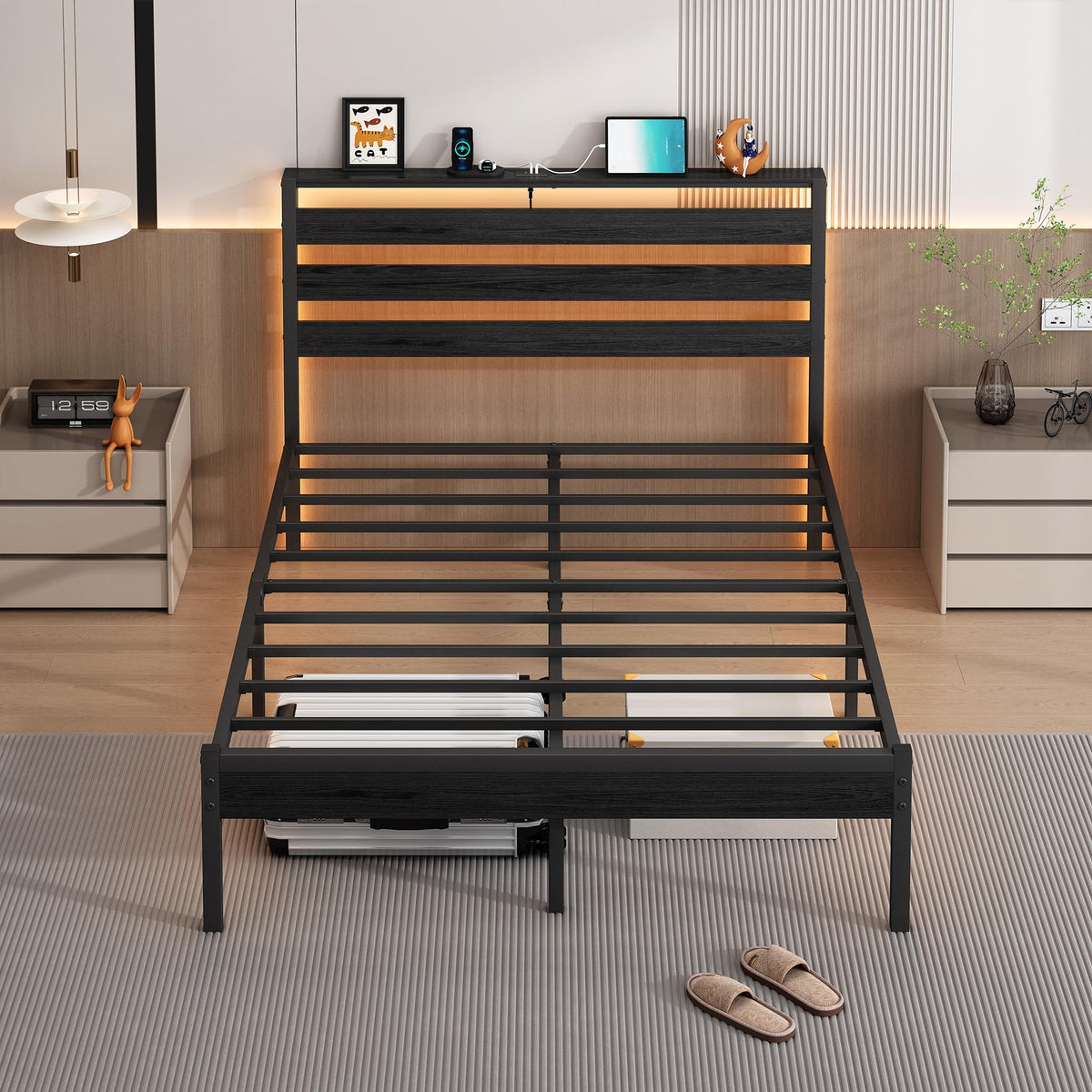 14 Inch Metal Platform Bed Frame with Headboard and USB Charging Station O184627