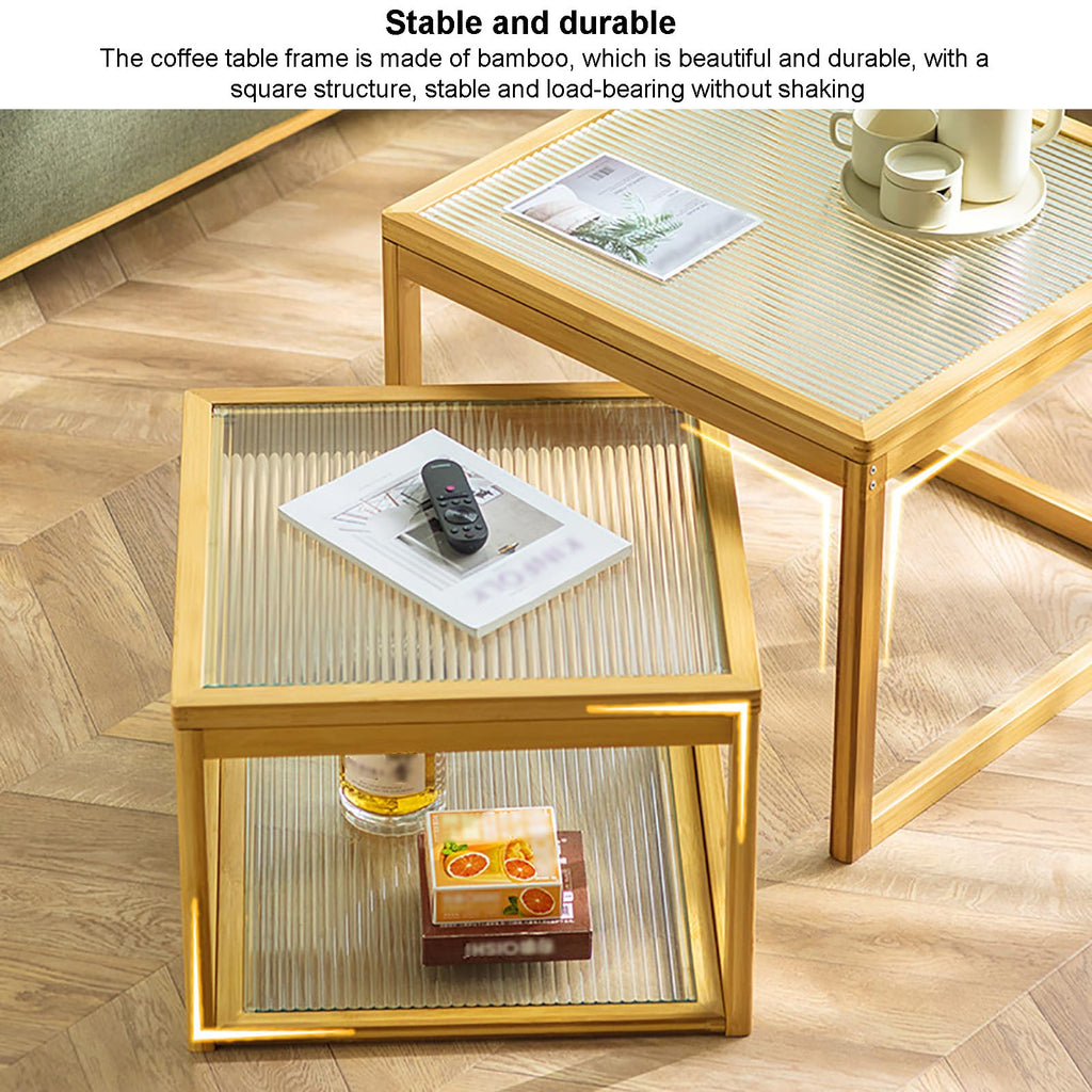 Square Glass Nesting Coffee Tables Set of 2 with Bamboo Frame G713219