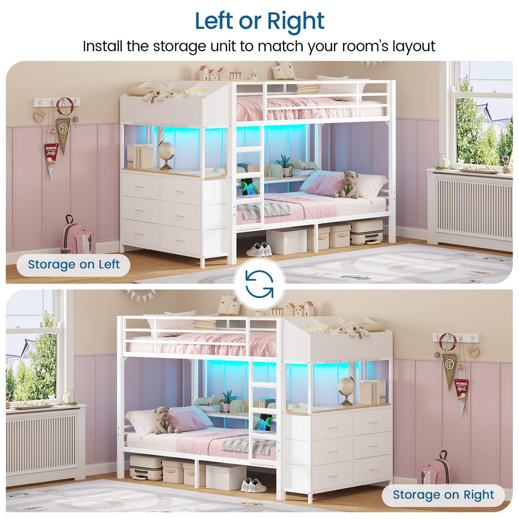 Twin Over Twin Bunk Bed with 6 Storage Drawers, Shelves, LED Lights and Ladder F7196