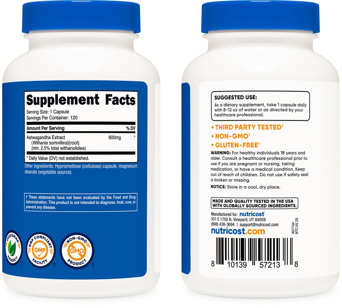 Ashwagandha Herbal Supplement 600mg 120 Capsules V66827