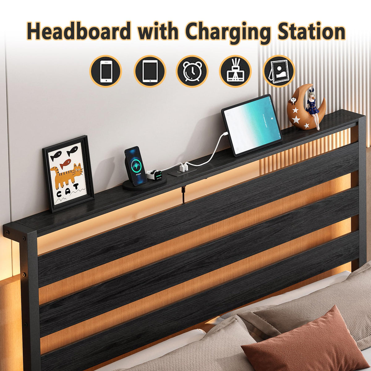 14 Inch Metal Platform Bed Frame with Headboard and USB Charging Station O184627