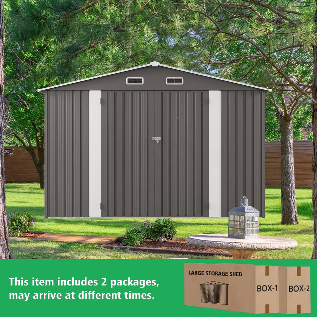 10x12 FT Grey Metal Storage Shed with Double Doors H153