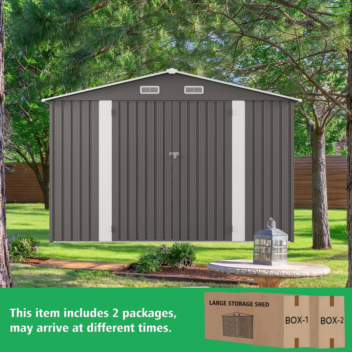 10x12 FT Grey Metal Storage Shed with Double Doors H153