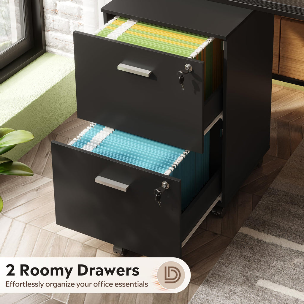 2 Drawer Wood File Cabinet with Lock, Black M573996