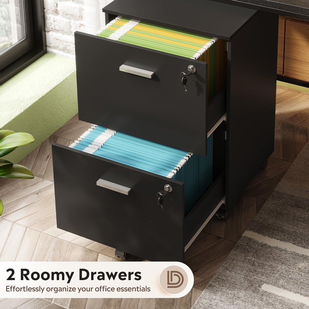 2 Drawer Wood File Cabinet with Lock, Black M573996