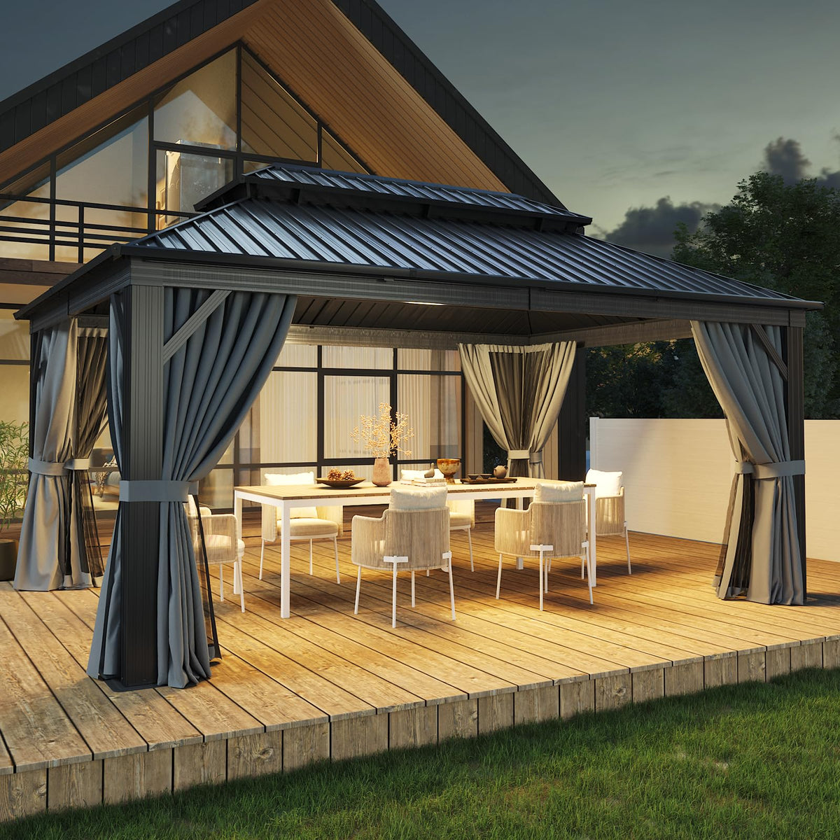 12FT X 16FT Hardtop Gazebo with Mosquito Netting and Curtains X64388