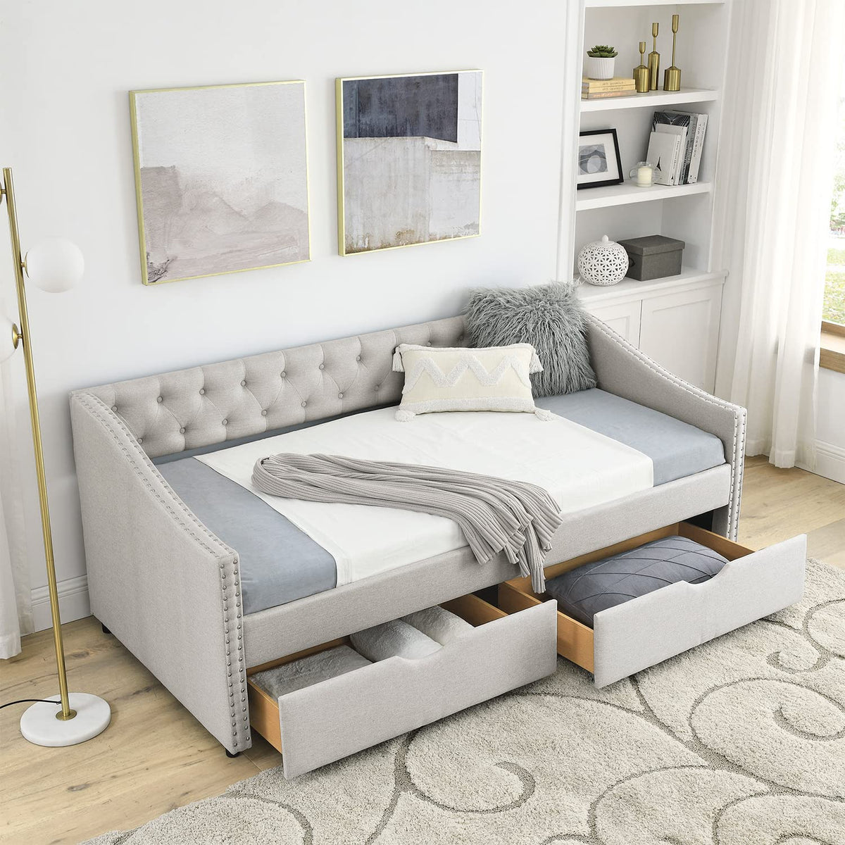 Beige Twin Size Upholstered Daybed with Drawers V6135