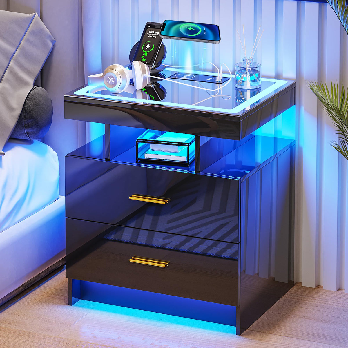 Black High Gloss Nightstand with Charging Station and 2 Drawers Q707345