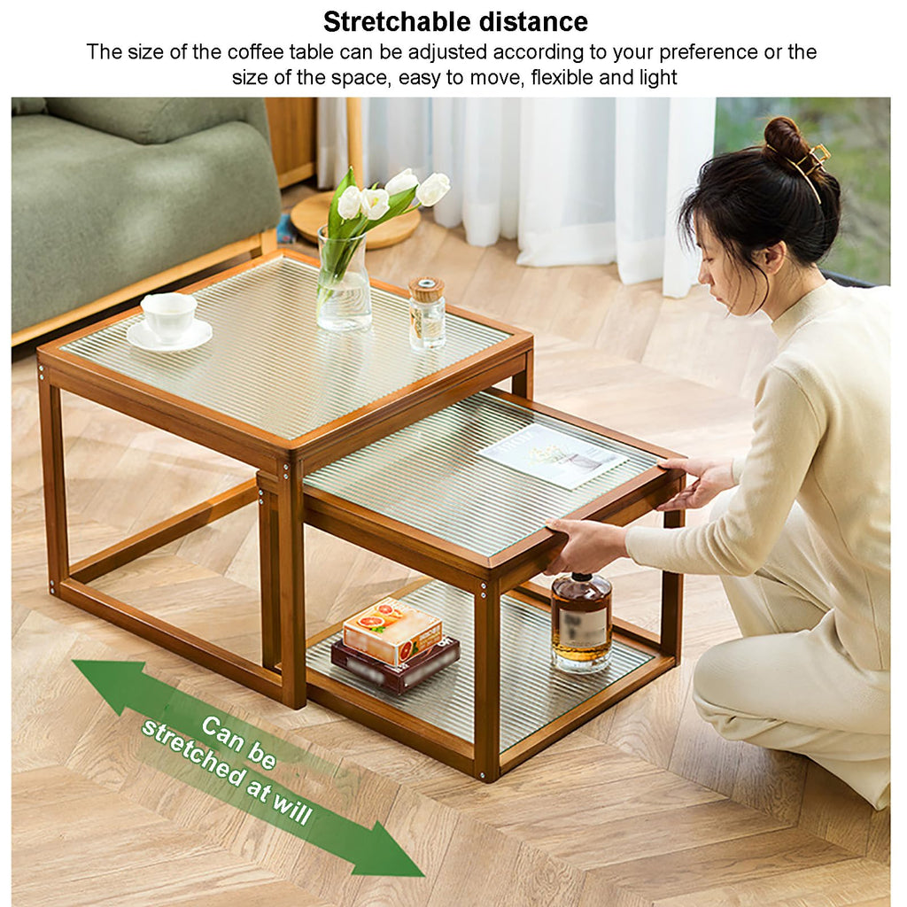 Square Glass Nesting Coffee Tables Set of 2 with Bamboo Frame G713219