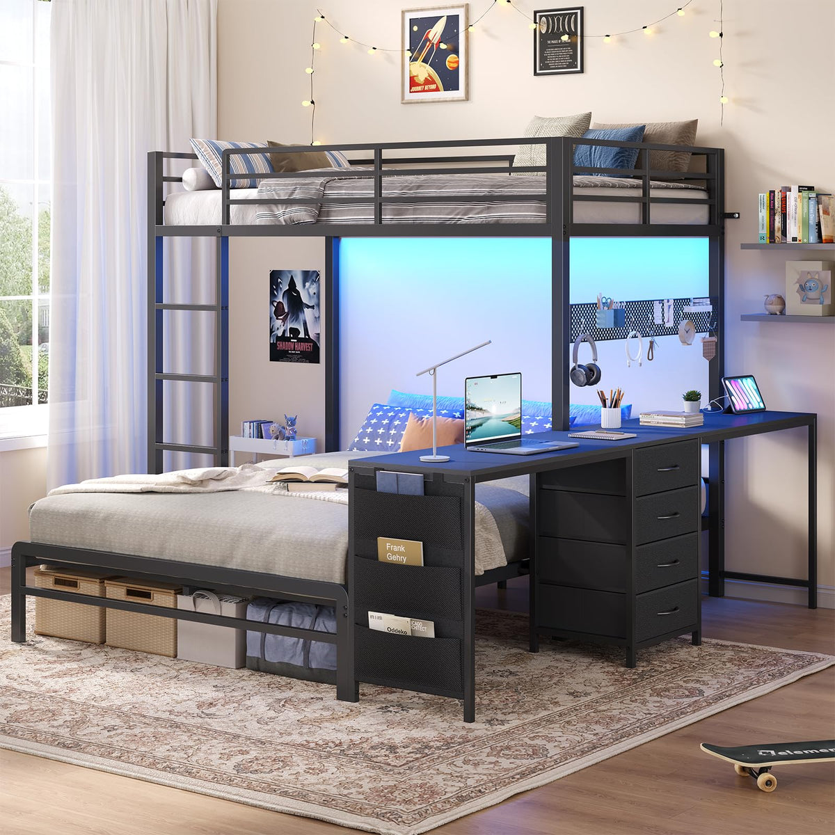 Black Twin Over Full Bunk Bed with Desk and Storage Drawers B713605