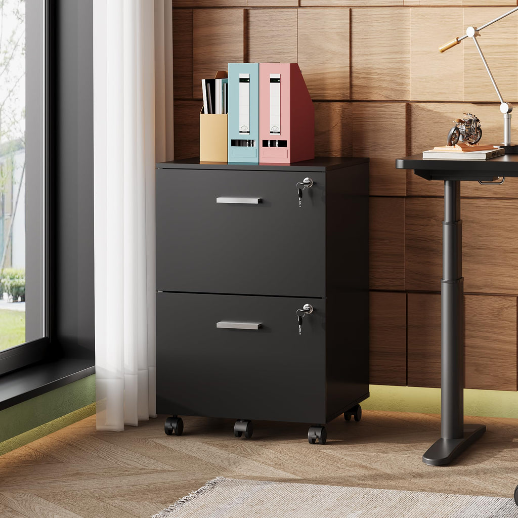 2 Drawer Wood File Cabinet with Lock, Black M573996