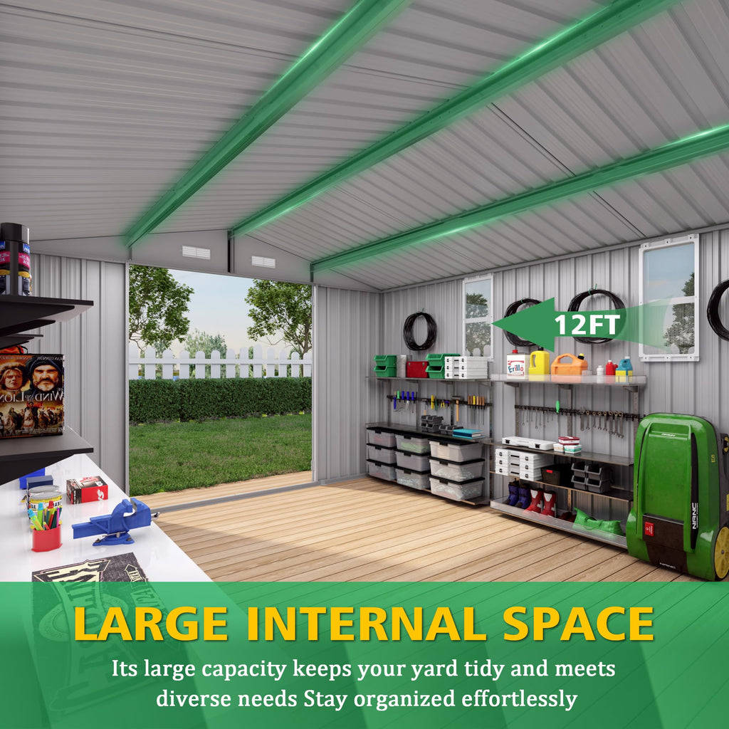 10x12 FT Grey Metal Storage Shed with Double Doors H153