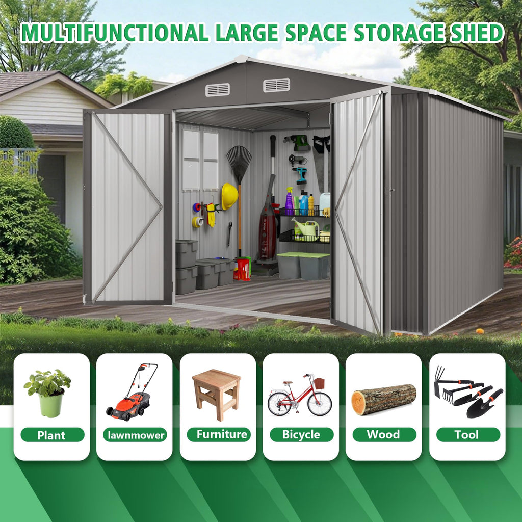 10x12 FT Grey Metal Storage Shed with Double Doors H153