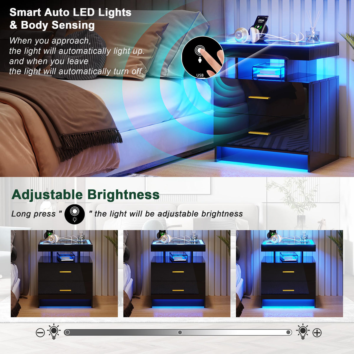 Black High Gloss Nightstand with Charging Station and 2 Drawers Q707345